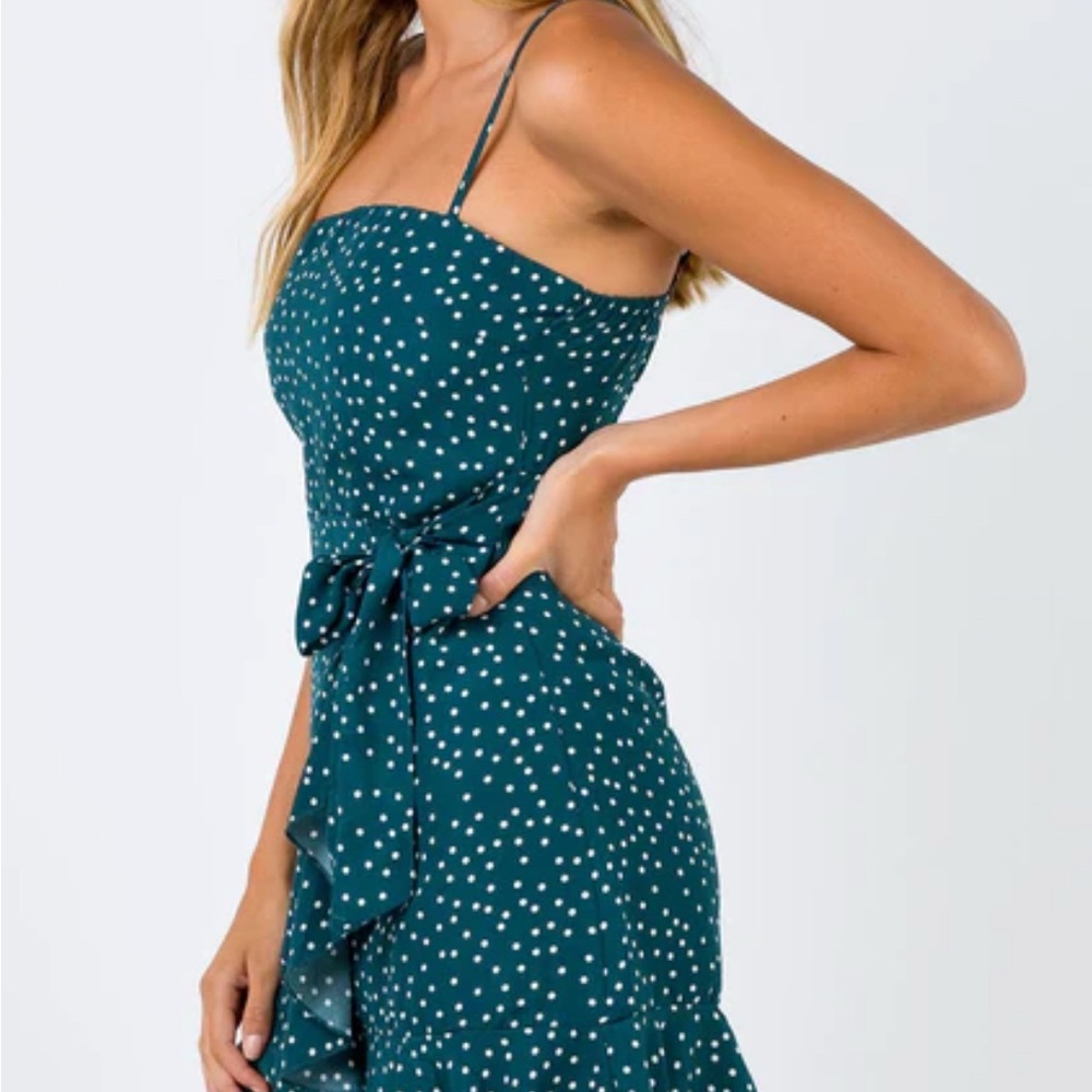 Princess Polly Caesura Mini Dress Women's Size 2 Teal Ruffle Hem Polka Dots - Picture 4 of 12